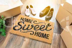 Home Sweet Home Welcome Mat, Moving Boxes, Women and Male Shoes