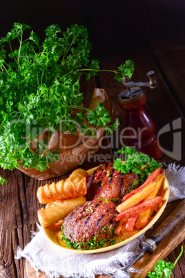 grilled bullets with croquettes and vegetables