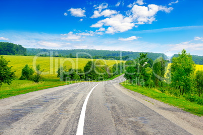 Rural paved road among fields