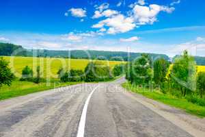 Rural paved road among fields