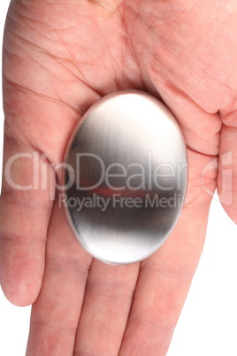 hand with Stainless Steel Soap isolated on white background