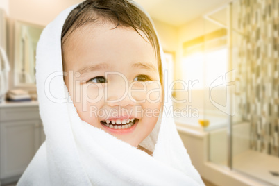 Happy Cute Mixed Race Chinese and Caucasian Boy In Bathroom Wrap