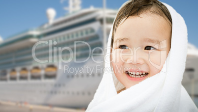 Happy Mixed Race Chinese and Caucasian Boy Near Cruise Ship Wrap
