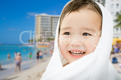 Happy Cute Mixed Race Chinese and Caucasian Boy On Waikiki Beach