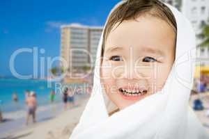 Happy Cute Mixed Race Chinese and Caucasian Boy On Waikiki Beach