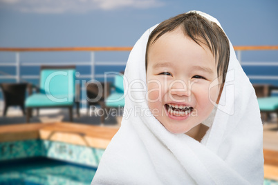 Happy Cute Mixed Race Chinese and Caucasian Boy On Cruise Ship W
