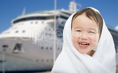 Happy Mixed Race Chinese and Caucasian Boy Near Cruise Ship Wrap
