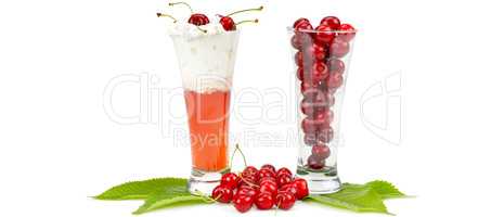 Fresh berries of cherries and smoothies isolated on white. Wide