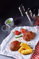 vegetable French fries with herb quark and tomatoes