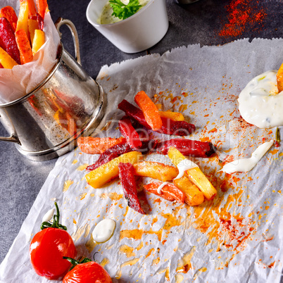 vegetable French fries with herb quark and tomatoes