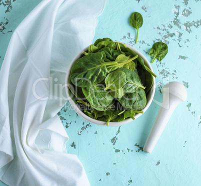 raw green spinach leaves in a white ceramic bowl