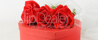 Gift box in the form of heart and scarlet roses on white wooden.