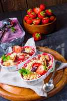 strawberry tart with vanilla pudding and ice cream