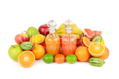 A set of fruits and juices isolated on a white background.