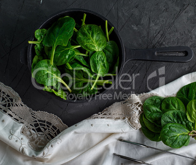 resh green spinach in a round cast-iron frying pan