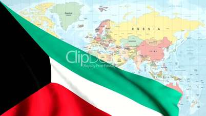 Animated Flag of Kuwait With a Pin on a Worldmap