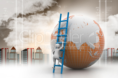 3d man climbing the.Globe with the help of ladder in color back ground.