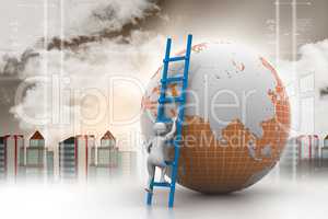 3d man climbing the.Globe with the help of ladder in color back ground.