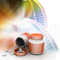 Medicine and bottle with dna in color back ground