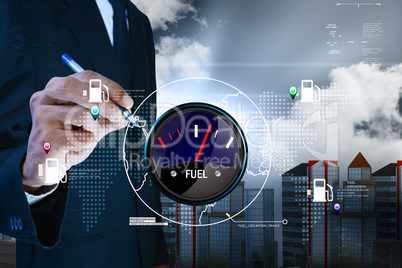 Man showing fuel meter in color background