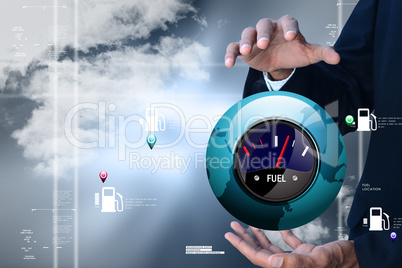 Man showing fuel meter in color background