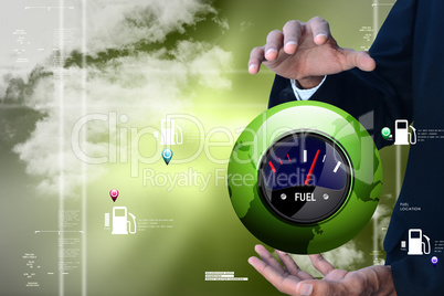 Man showing fuel meter in color background