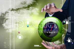 Man showing fuel meter in color background