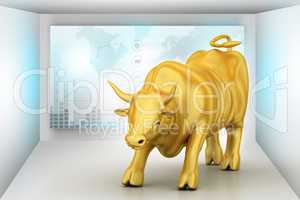 Rising golden business bull in color background