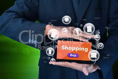 Business man showing Online shopping concept in color background