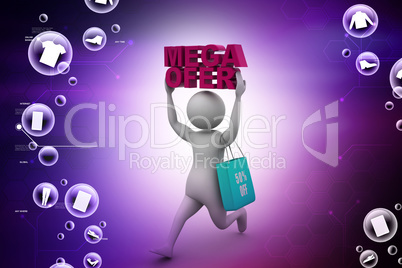3d business man with offers and bag in color background