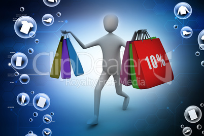 3d business man with offers and bag in color background
