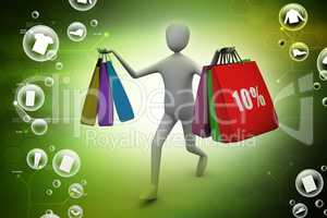 3d business man with offers and bag in color background