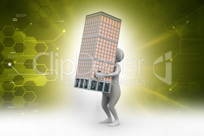 3d man holding a bulding in color background