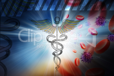 Medical symbol with blood cells and virus in color background
