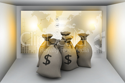 Bundles of money in bags in color background