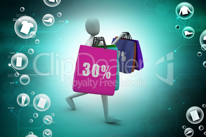 3d business man with offers and bag in color background