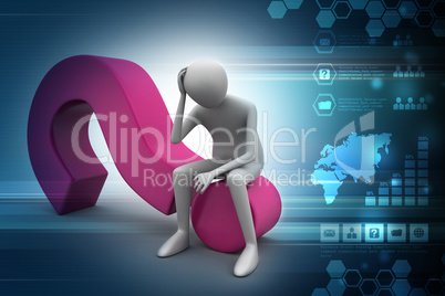 Business man sitting on a question mark in color background