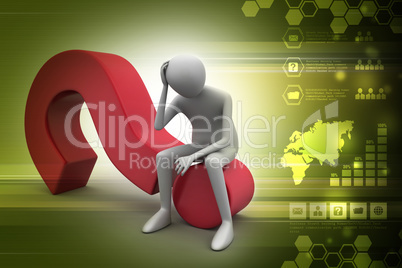 Business man sitting on a question mark in color background