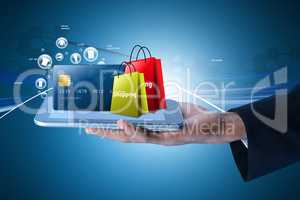 Business man showing Online shopping concept in color background