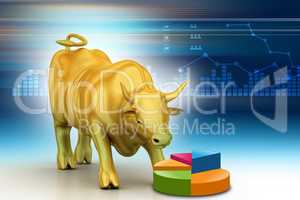 Rising golden business bull in color background