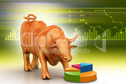 Rising bronze business bull in color background