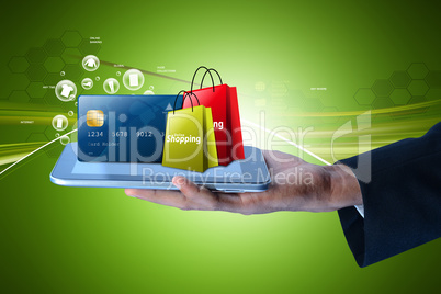 Business man showing Online shopping concept in color background