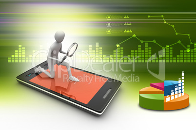 Business man searching business growth on a smart phone in color background