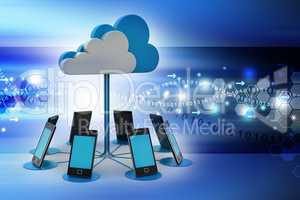 Smart phones network with cloud computing in color background