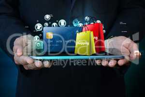 Business man showing Online shopping concept in color background