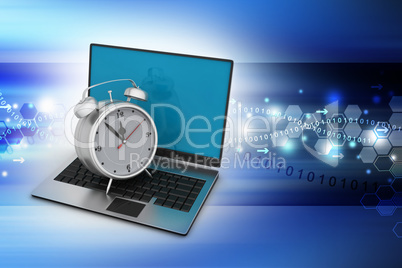Laptop computer with alarm clock in color background