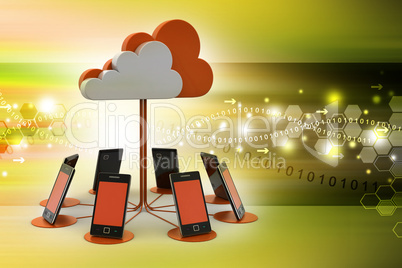 Smart phones network with cloud computing in color background