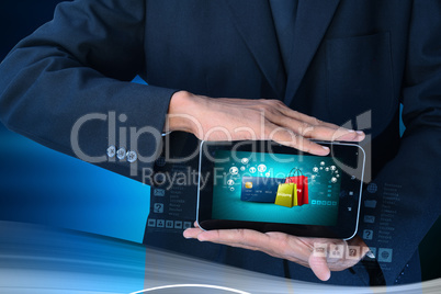 Business man showing Online shopping concept in color background