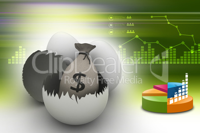 Money bag with eggs and egg shells in color background