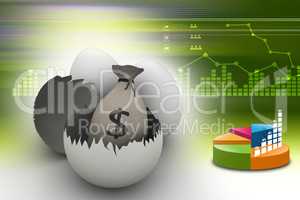 Money bag with eggs and egg shells in color background